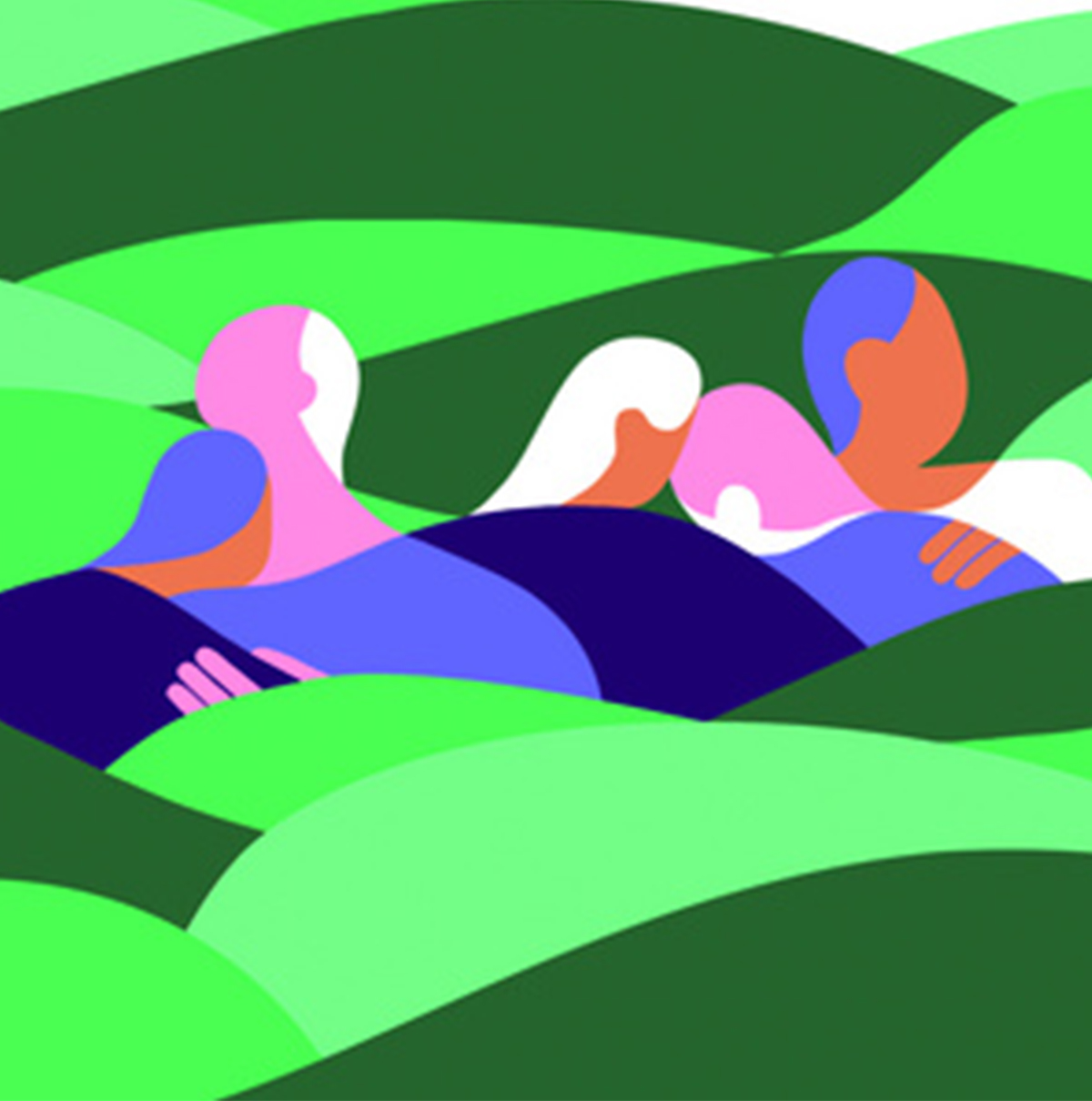 Abstrakt illustration i stærke farver, der viser tre figurer, der ligger eller hviler sammen i et bølgende, grønt landskab.