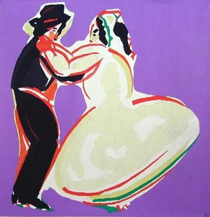 arvestrålende illustration af et par, der danser tango eller en tæt dans, på en lilla baggrund.