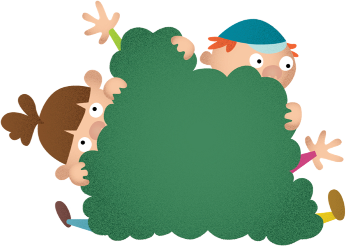 Tegning af to børn, en pige og en dreng, der gemmer sig bag en stor, grøn busk eller hæk.