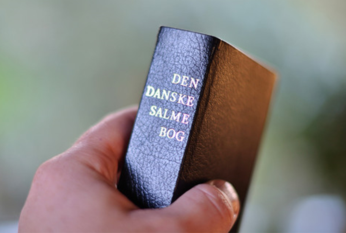 Nærbillede af en hånd, der holder en lille sort bog med titlen "Den Danske Salmebog" trykt i iriserende skrift på ryggen.