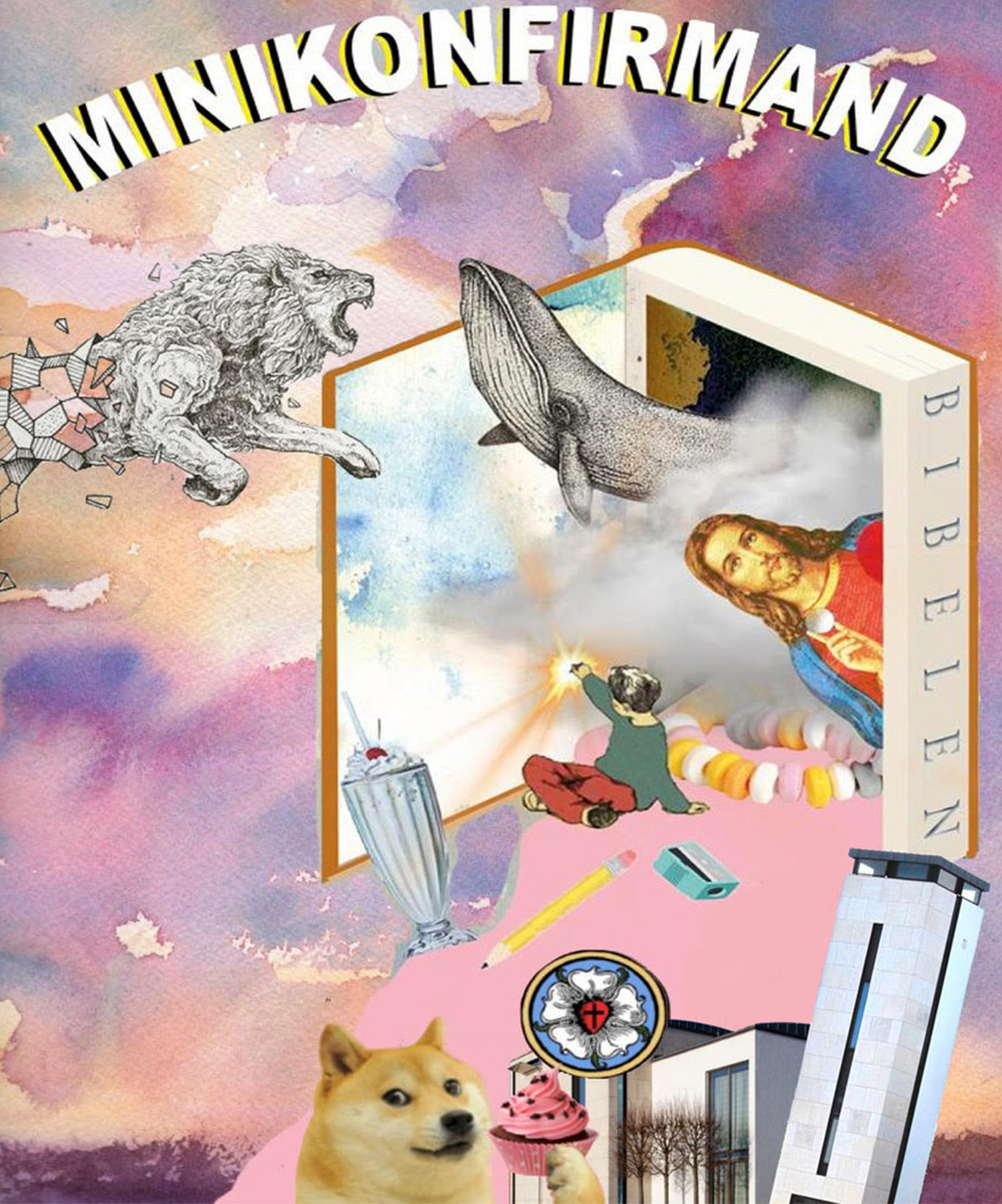  Danish: Farverig og surrealistisk collage med teksten "MINIKONFIRMAND", der kombinerer elementer som en løve, en hval, Jesus, slik, en milkshake og et kirketårn.
